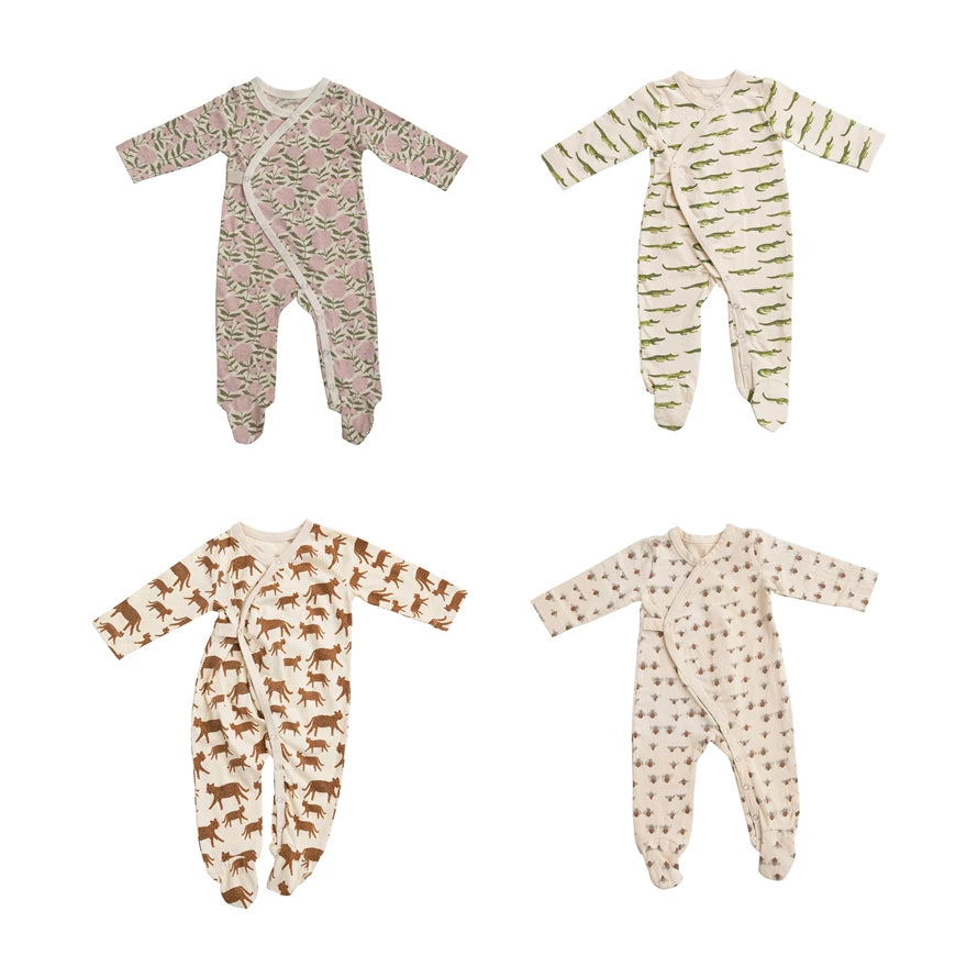 Cotton Footed Baby Bodysuit w/ Pattern, Multi Color 4 Styles