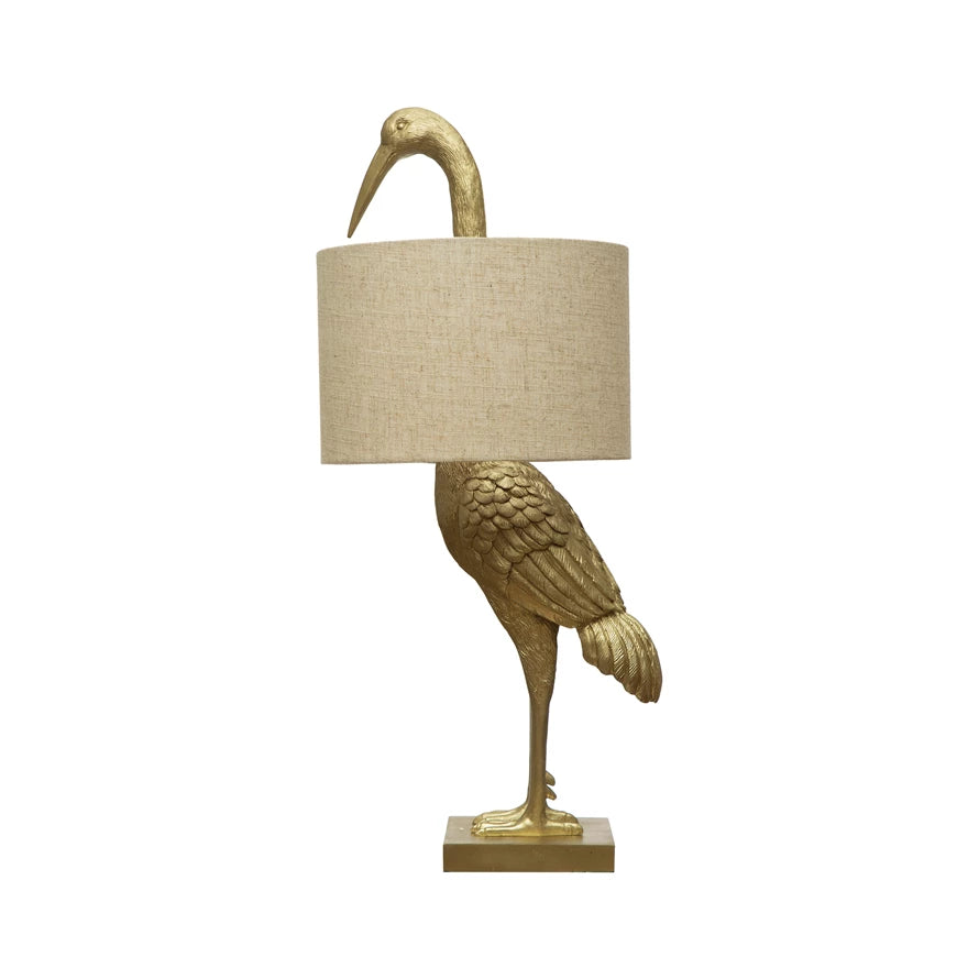 Resin Bird Table Lamp - White Linen Shade