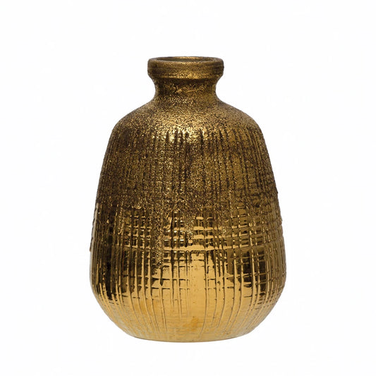 Textured Terracotta Vase w/ Lines, Gold Finish