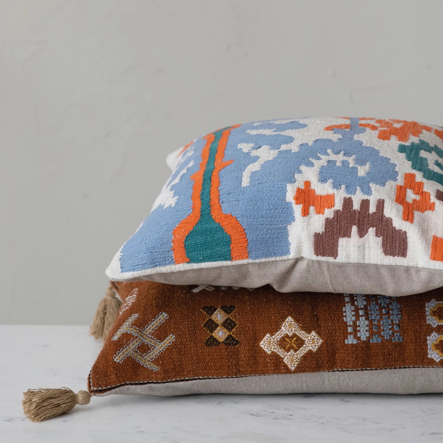 Wool & Cotton Embroidered Lumbar Pillow w/Chambray Back & Tassels