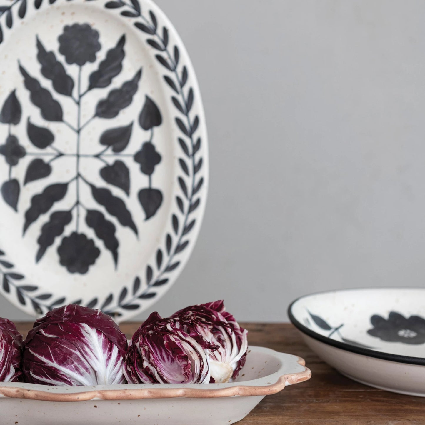 Hand- Painted Stoneware Platter w/Floral Design, Matte Black & Cream Color Speckled