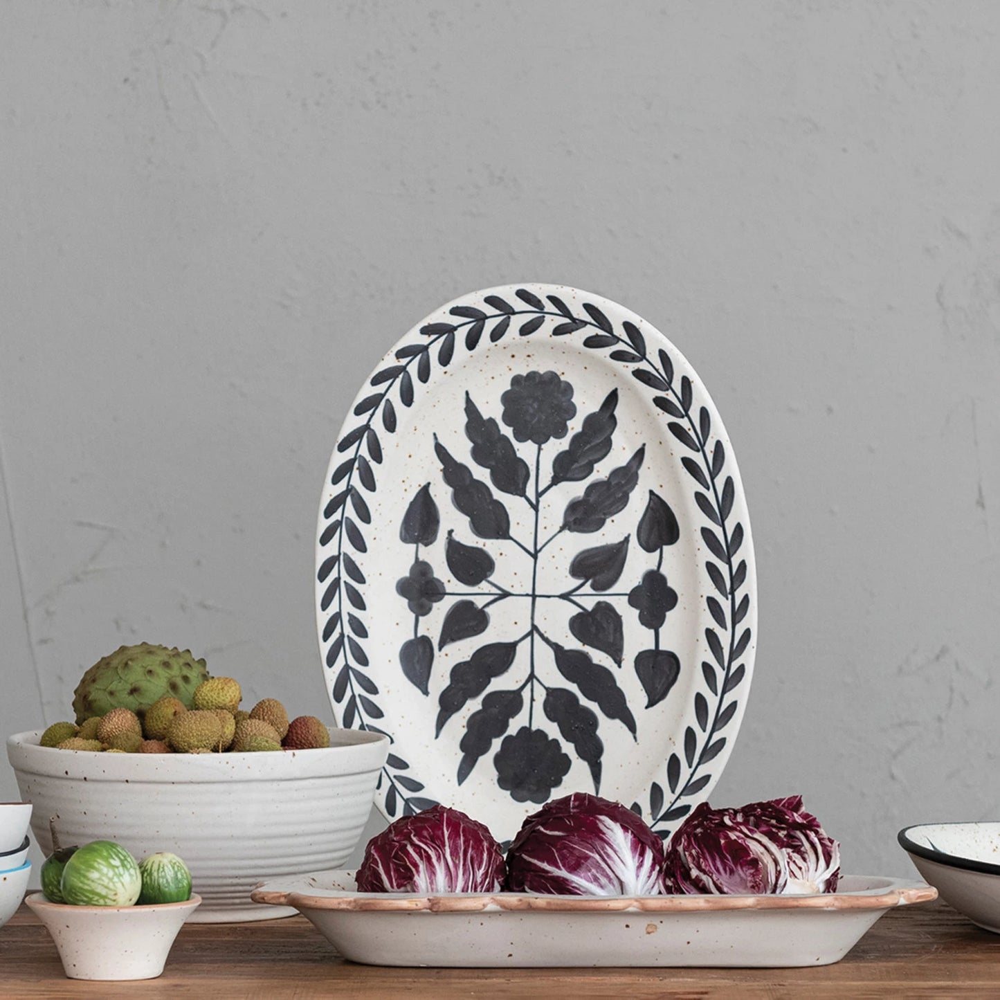 Hand- Painted Stoneware Platter w/Floral Design, Matte Black & Cream Color Speckled