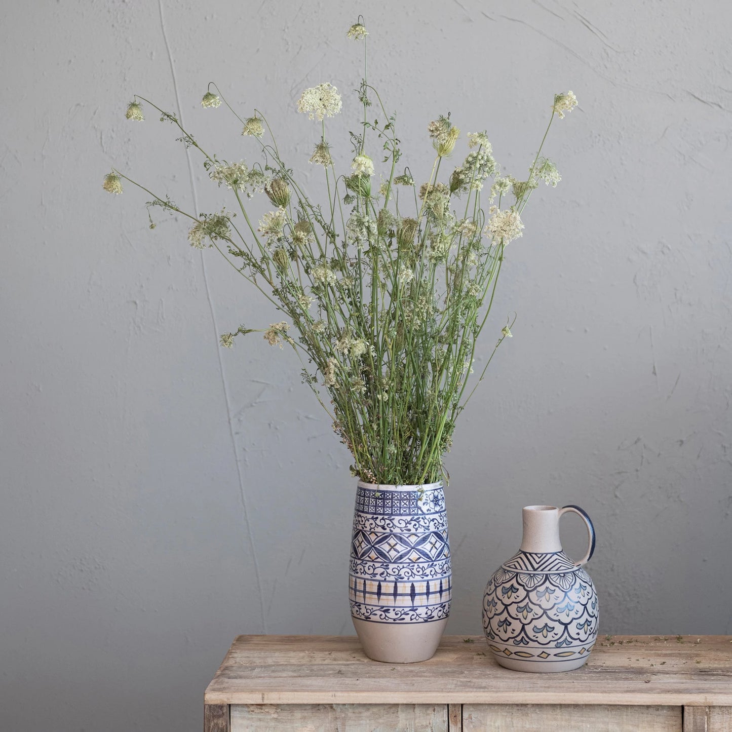 Hand-Painted Stoneware Vase, Blue & White