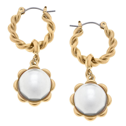 Ellison Twisted Metal & Pearl Flower Drop Hoop Earrings in Ivory