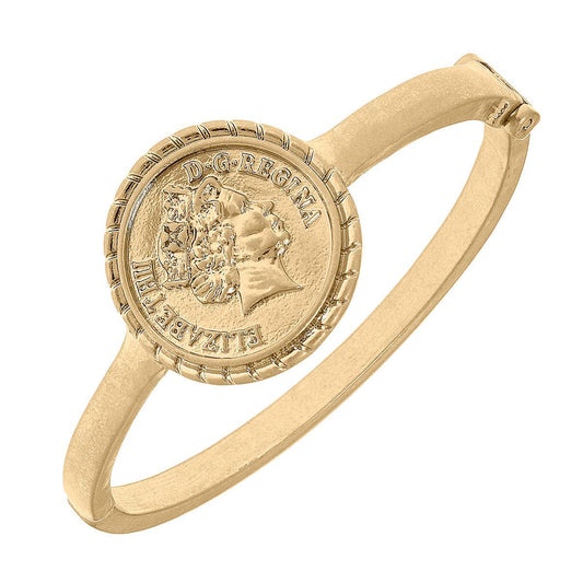 Queen Elizabeth Coin Hinge Bangle in Worn Gold