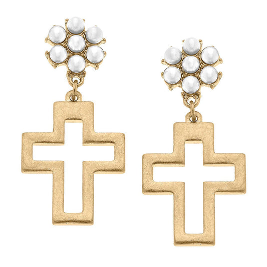 Charolotte Cross Pearl Cluster Drop Earrings in Worn Gold