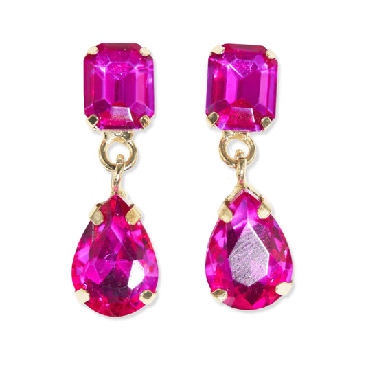 HOT PINK SOLID 2 PIECE CRYSTAL DANGLE EARRINGS 1"