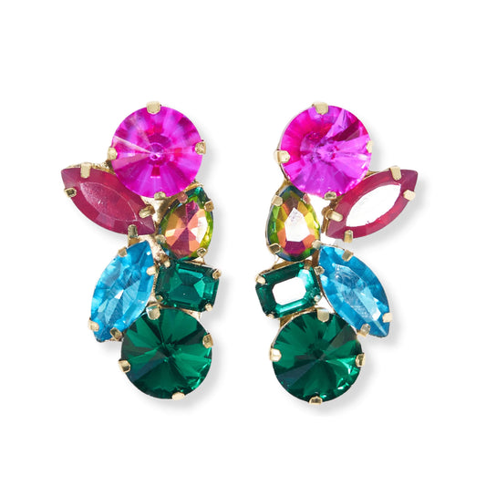 RAINBOW 6 PIECE CRYSTAL CLUSTER EARRING 1.5"