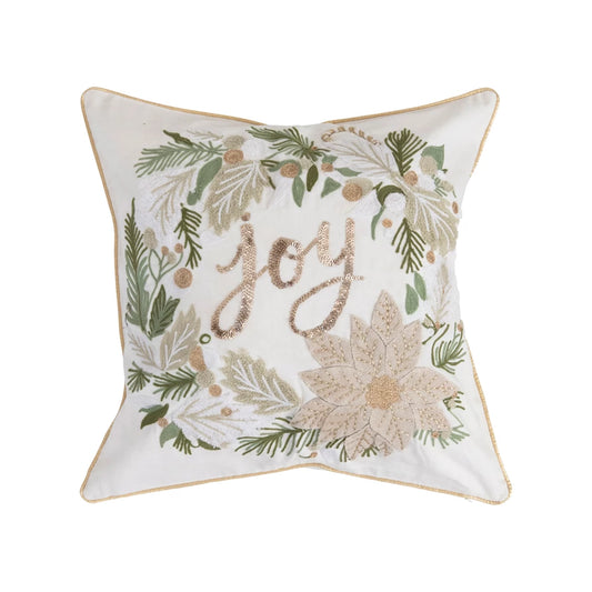 Square Cotton Pillow with Wreath, Embroidery, App 18" lique and Beads "Joy", Multi Color