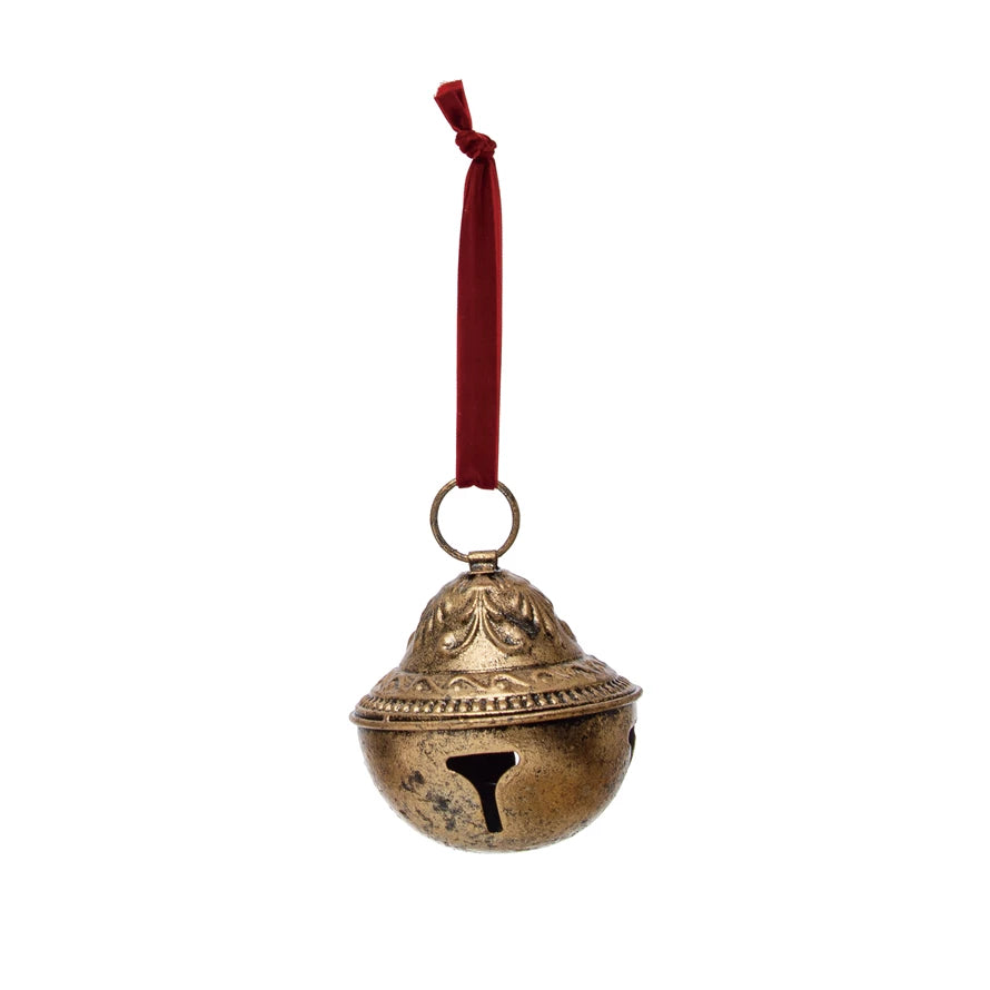 Embossed Metal Sleigh Bell w/ Velvet Ribbon, Gold Finish