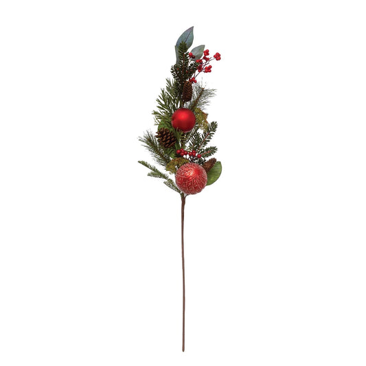 Faux Pine Branch with Red Plastic Ball Ornaments, Pinecones and Berries 41"H